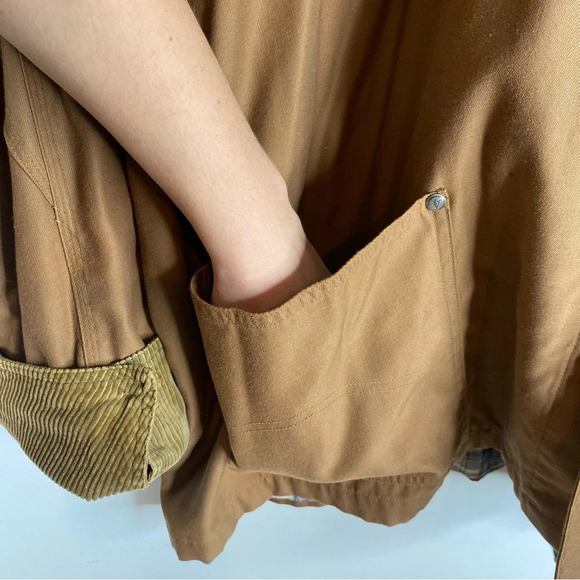 Vintage Chore Coat 90s Brown Canvas Plaid Flannel Lined Corduroy Trim Fisherman - Picture 8 of 15